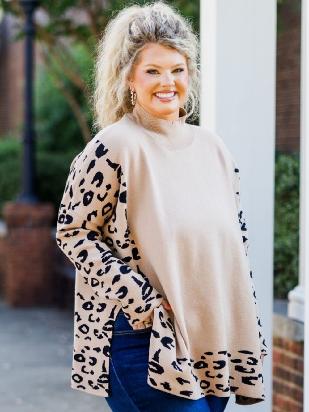 Chic Soul Taupe and Black Leopard-Print Turtleneck Sweater